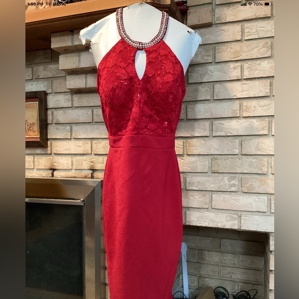 La Scala Elegant Red pearl bead rhinestone collar sparkle Lace sexy Halter Dress